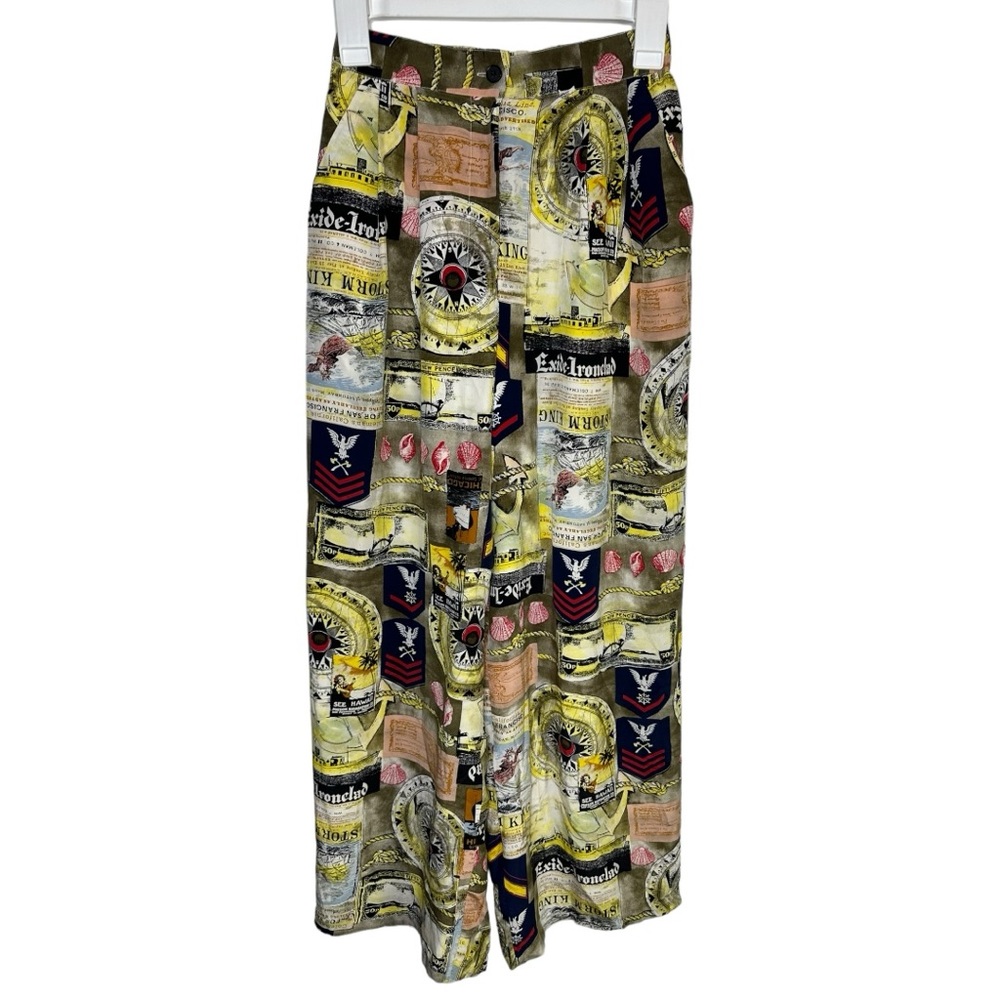 August Silk 100% Silk Artsy Compass Sailing Printed Wide Leg Pants Size 6 Pocket